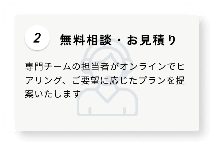 2 無料相談・お見積り 専門チームの担当者がオンラインでヒアリング、ご要望に応じたプランを提案いたします