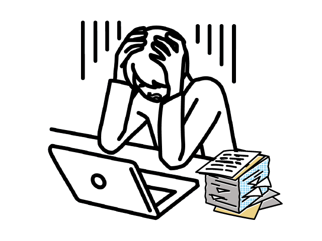 PCの前で頭を抱える人と、書類の山のイラスト
