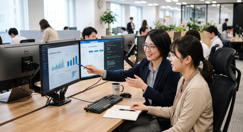 業務でわからないことがある社員には、先輩社員が親身に的確なアドバイス。作業しやすいようデュアルディスプレイの採用や感染対策も万全。